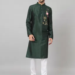 HILO DESIGN Ethnic Motifs Embroidered Mandarin Collar Cotton Silk Kurta-image-93