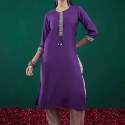 Anouk Purple Round Neck Thread Work Chanderi Silk Straight Kurta-image-56