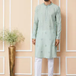 See Designs Mandarin Collar Geometric Printed Thread Work Chanderi Silk Straight Kurta-image-80