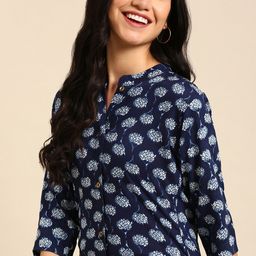 SHOWOFF Women Navy Blue Ethnic Motifs Printed Chanderi Silk Kurta-image-79