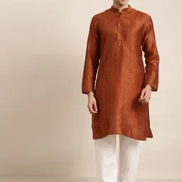 SOJANYA Men Orange Woven Design Jacquard Straight Kurta-image-32