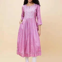 Globus Women Embroidered Sequined Yoke Bandhani Printed Pleated A-Line Kurta-13