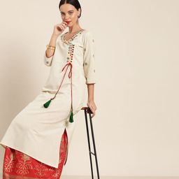Jaipur Kurti Women Off-White Thread Work Cotton Silk A-line Kurta-image-55