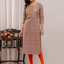 A&K Floral Printed Round Neck Gotta Patti Pure Cotton Straight Kurta-image-96