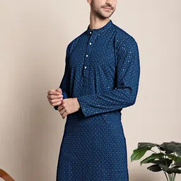 Anouk Blue Geometric Embroidered Sequinned Pure Cotton Straight Kurta-picture-25