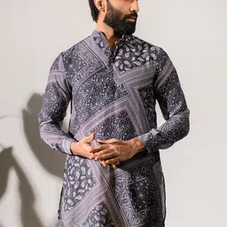 QB MEN Ethnic Motifs Printed Straight Pure Silk Kurta-11