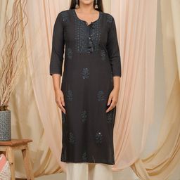 Ode by House of Pataudi Tie U[p Neck Sequined Embroidered Straight Kurta-image-14