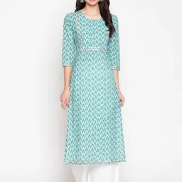 WOMENCLICK Women Green Geometric Printed Floral Kurta-image-5
