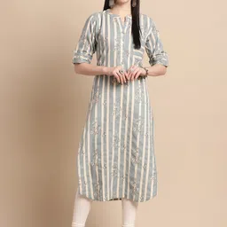Pistaa Striped Mandarin Collar Roll-up Sleeves Straight Kurta-picture-41