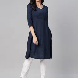 Biba Women Navy Blue Yoke Design Thread Work Indigo Kurta-picture-46