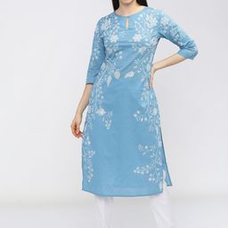 Vishudh Women Blue Floral Printed Keyhole Neck Kurta-10