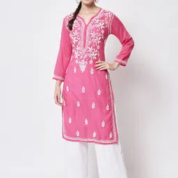 PARAMOUNT CHIKAN Women Pink Ethnic Motifs Embroidered Chikankari Floral Kurta-picture-58