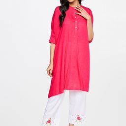 Global Desi Asymmetric Hemline Band Collar A-Line Kurta-image-82
