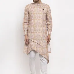 KLOTTHE Men Beige Thread Work Asymmetric Kurta-image-21