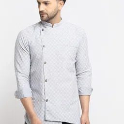 Benstoke Men Grey Geometric Angrakha Asymmetric Kurta-image-6