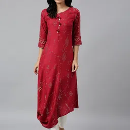 W Women Red Geometric Printed Flared Sleeves Asymmetric Kurta image 1