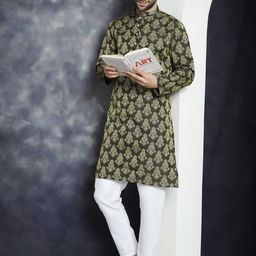 Anouk Olive Green Ethnic Motifs Printed Mandarin Collar Regular Kurta With Pyjamas-picture-18