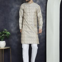 Anouk Beige Ethnic Motifs Woven Design Jacquard Mandarin Collar Kurta With Pyjamas-picture-16