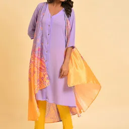 W Purple V-Neck Ethnic Motifs Printed Layered Kurta-20