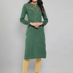 AURELIA Women Green Keyhole Neck Flared Sleeves Thread Work Kurta-image-87
