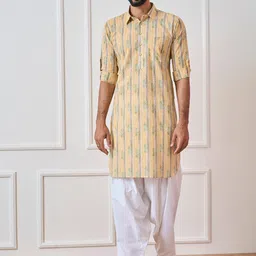 See Designs Chevron Printed Roll-Up Sleeves Pathani Pure Cotton Kurta-image-84