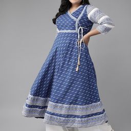 KALINI Plus Size Ethnic Motifs Printed V-Neck Cotton Angrakha Kurta-42