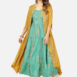 Vbuyz Women Sea Green & Yellow Ethnic Motifs Printed Anarkali Kurta With Shrug-picture-2
