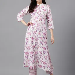 KALINI Mandarin Collar Floral Printed Panelled A-Line Pure Cotton Work Kurta-40