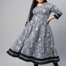 KALINI Plus Size Floral Printed Cotton Pleated Anarkali Kurta-picture-11