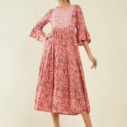 Soch Bell Sleeves Tiered Floral Printed Fit & Flare Midi Ethnic Dress-picture-29