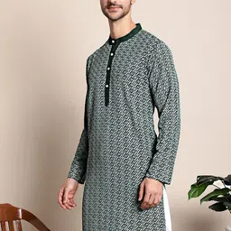 Anouk Green Ethnic Motifs Chikankari Embroidered Band Collar Kurta-image-22
