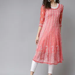 ADA Women Red & White Ethnic Motifs Chikankari Embroidered Georgette Kurta-image-27
