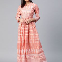 Divena Women Peach & White Ethnic Motifs Mandarin Collar Pastels Cotton Anarkali Kurta-image-89