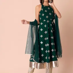 Rang by Indya Women Green Embellished Georgette Anarkali Kurta-image-36