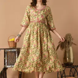 AAYUMI Floral Printed Mirror Work Anarkali Pure Cotton Fit & Flare Midi Ethnic Dress-0