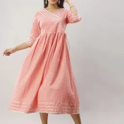 FABRIC FITOOR Pink Checked Cotton Midi Dress-image-78