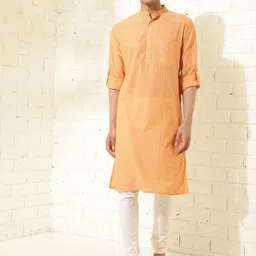 Fabindia Striped Band Collar Pure Cotton Straight Kurta-picture-32