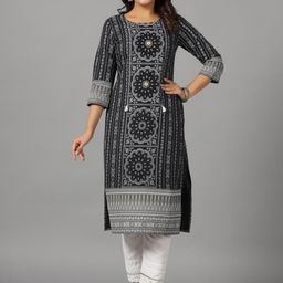 Juniper Ethnic Motifs Printed Round Neck Straight Kurta-28