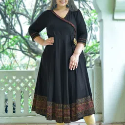 YASH GALLERY Plus Size Women Black Solid Anarkali Angrakha Kurta-image-41
