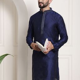 SOJANYA Men Navy Blue & Gold-Toned  Jacquard Silk Embroidered Kurta-image-64