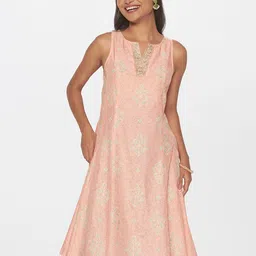 Global Desi Geometric Embroidered Sleeveless Boat Neck A-Line Kurta-53
