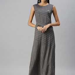 SHOWOFF Women Grey Geometric Striped Keyhole Neck Kurta-picture-19