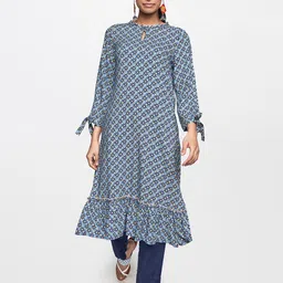 Global Desi Women Blue & Yellow Printed Keyhole Neck Kurta-image-93