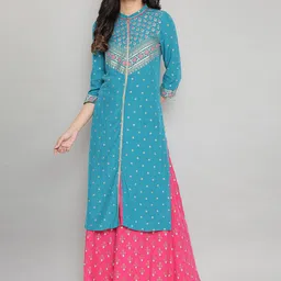 AURELIA Women Blue Geometric Printed Keyhole Neck Kurta-picture-12
