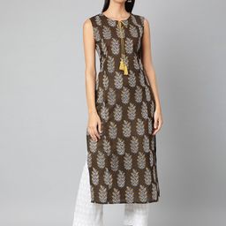 JAIPUR ATTIRE Women Brown & White Floral Printed Keyhole Neck Kurta-image-58