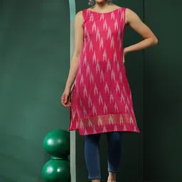AKS Ethnic Motifs Printed Boat Neck Sleeveless Cotton Straight Kurta-24