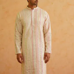 SOJANYA LUXE Striped Embroidered Mandarin Collar Sequined Straight Kurta-image-81