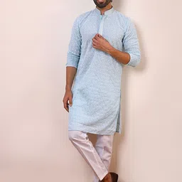 Satwaa Men Ethnic Motifs Embroidered Thread Work Georgette Kurta-picture-12