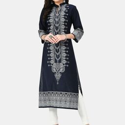 KALINI Mandarin Collar Ethnic Motifs Printed Straight Cotton Kurta-image-88
