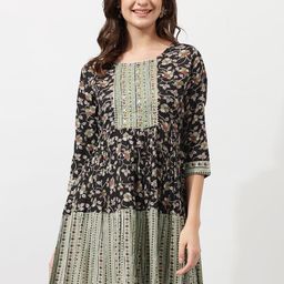 MIRCHI FASHION Black & Green Floral Printed Sequinned Midi Ethnic Dress-image-16
